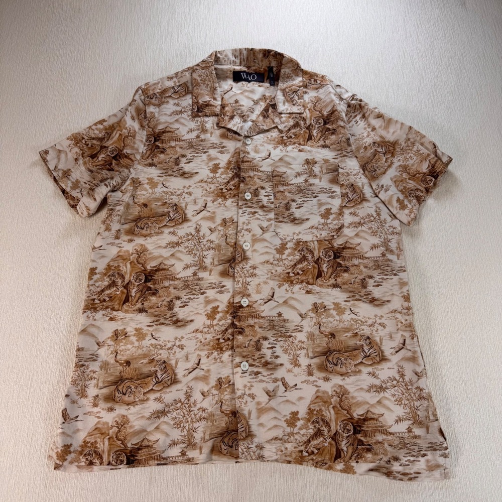 WAO Mens Tiger Landscape Print Camp Collar Shirt Brown Tan Viscose Linen Medium